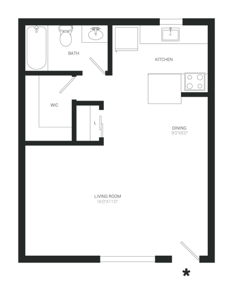 Floor plan for studio, 1 bath, 413 sqft